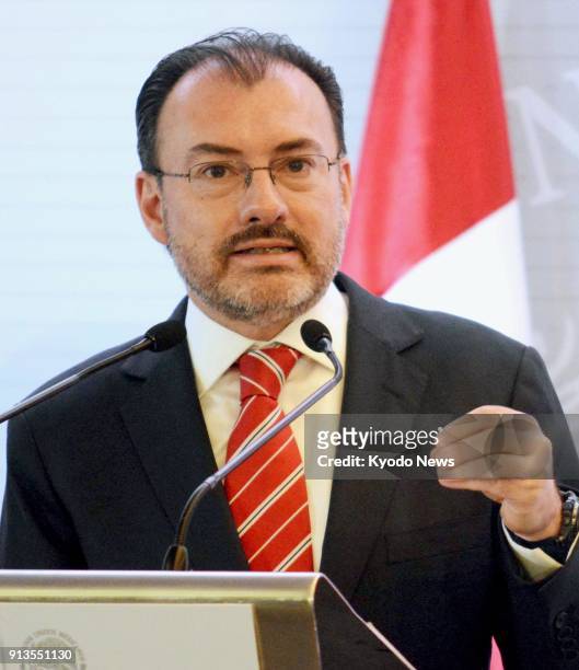 Mexican Secretary of Foreign Affairs Luis Videgaray speaks at a joint news conference with his U.S. And Canadian counterparts Rex Tillerson and...