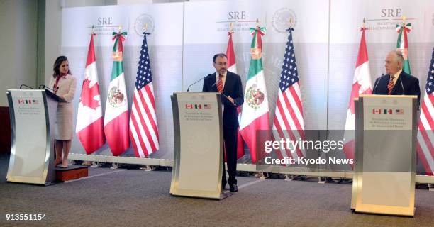 Secretary of State Rex Tillerson holds a joint press conference with his Mexican and Canadian counterparts Luis Videgaray and Chrystia Freeland after...