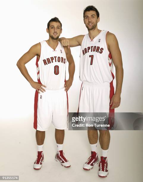 Marco Belinelli and Andrea Bargnani of the Toronto Raptors pose for a portrait during 2009 NBA Media Day on September 28, 2009 at Air Canada Centre...