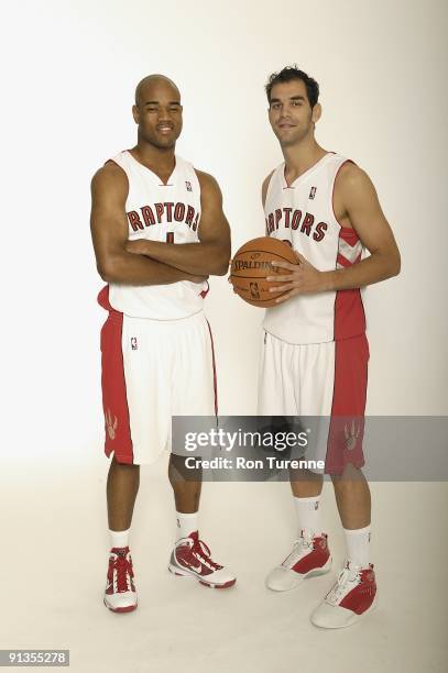 Jarrett Jack and Jose Calderon of the Toronto Raptors pose for a portrait during 2009 NBA Media Day on September 28, 2009 at Air Canada Centre in...