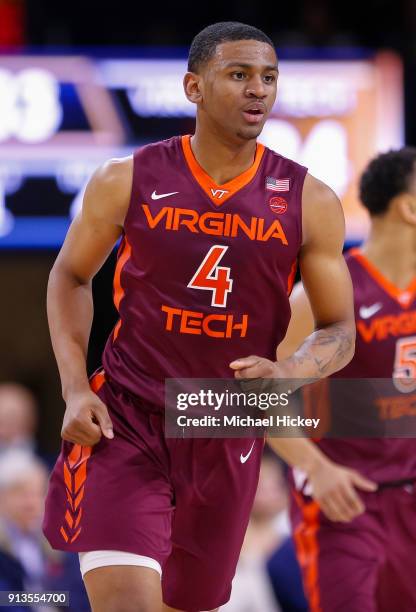 Nickeil Alexander-Walker of the Virginia Tech Hokies is seen during the game against the Notre Dame Fighting Irish at Purcell Pavilion on January 27,...