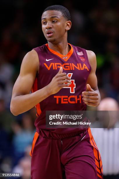 Nickeil Alexander-Walker of the Virginia Tech Hokies is seen during the game against the Notre Dame Fighting Irish at Purcell Pavilion on January 27,...