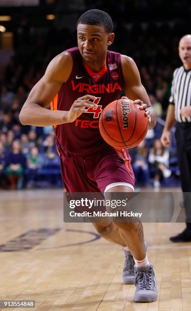 Nickeil Alexander-Walker of the Virginia Tech Hokies brings the ball up court during the game against the Notre Dame Fighting Irish at Purcell...