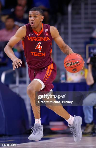 Nickeil Alexander-Walker of the Virginia Tech Hokies brings the ball up court during the game against the Notre Dame Fighting Irish at Purcell...
