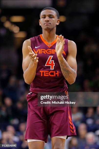 Nickeil Alexander-Walker of the Virginia Tech Hokies is seen during the game against the Notre Dame Fighting Irish at Purcell Pavilion on January 27,...