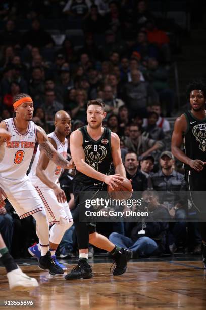 Milwaukee, WI Matthew Dellavedova of the Milwaukee Bucks handles the ball against the New York Knicks on February 2, 2018 at the BMO Harris Bradley...