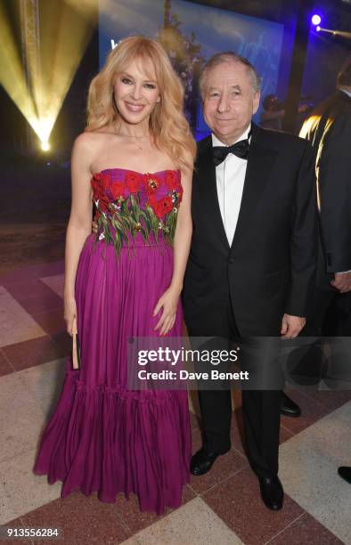 Kylie Minogue and Jean Todt attend the official gala dinner on the eve of the first all electric ABB FIA Formula E race at Palacio Cousino on...