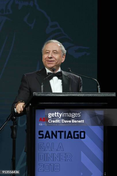 Jean Todt speaks at the official gala dinner on the eve of the first all electric ABB FIA Formula E race at Palacio Cousino on February 2, 2018 in...