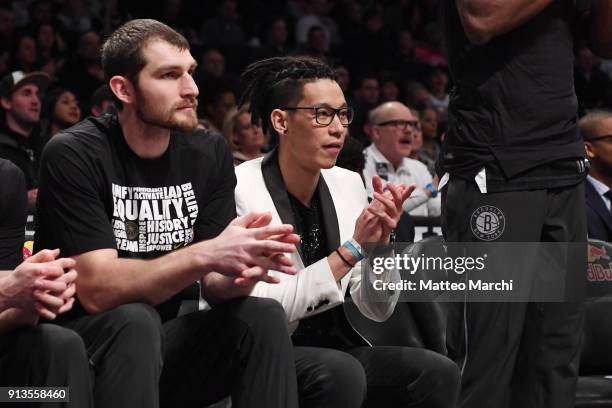 Jeremy Lin of the Brooklyn Nets attends the game against the Los Angeles Lakers at Barclays Center on February 2, 2018 in Brooklyn, New York. NOTE TO...