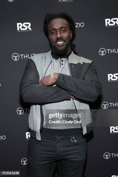 De'Vondre Campbell arrives at the Thuzio & Rosenhaus Party during Super Bowl weekend at The Exchange & Alibi Lounge on February 2, 2018 in...