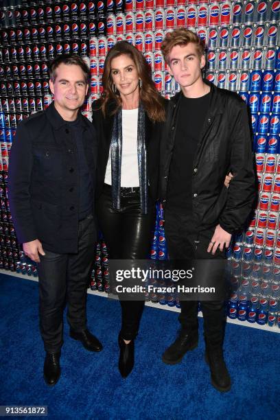 Jeff Gordon, Cindy Crawford and Presley Gerber at Pepsi Generations Live Pop-Up on February 2, 2018 in Minneapolis, Minnesota.