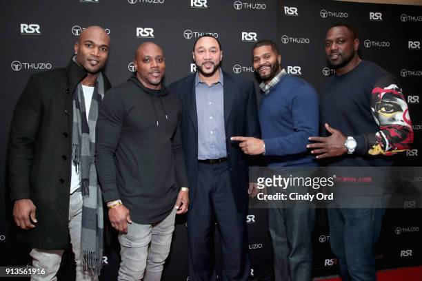 Bradie James, Clifton Crosby, Charlie Batch, guest and Hannibal Navies arrive at the Thuzio & Rosenhaus Party during Super Bowl weekend at The...