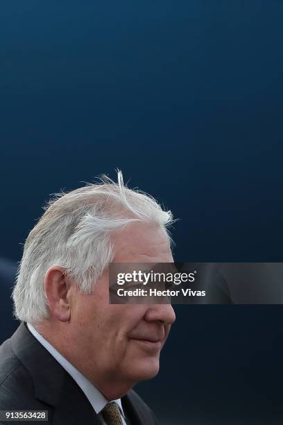 Rex Tillerson U.S. Secretary of State leaves the plane as he arrives in Mexico City as part of an official visit to Mexico at the Presidential Hangar...