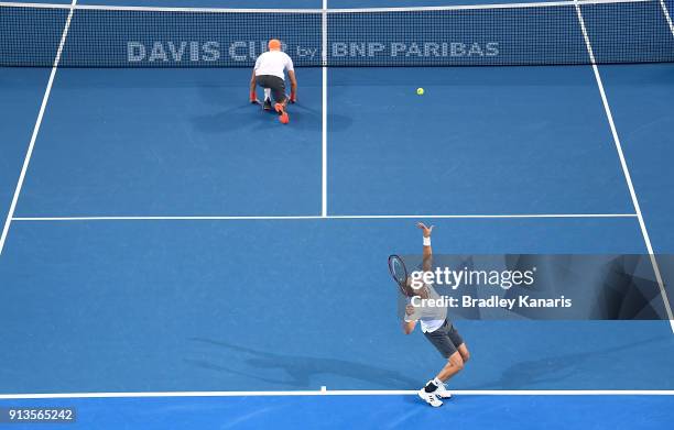 Tim Putz of Germany serves in the doubles match with Jan-Lennard Struff against Matt Ebden and John Peers of Australia during the Davis Cup World...