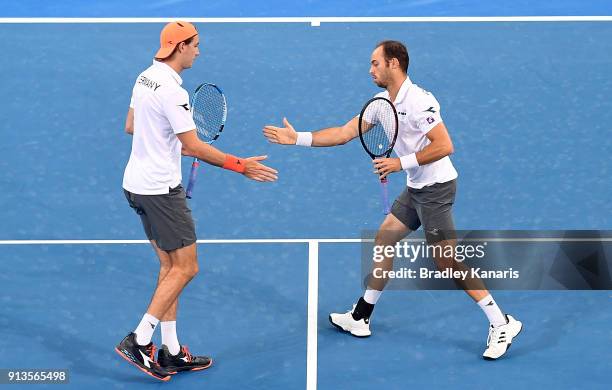 Jan-Lennard Struff and Tim Putz of Germany celebrate in the doubles match against Matt Ebden and John Peers of Australia during the Davis Cup World...