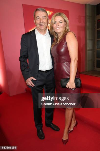 Wolfgang Niersbach and his girlfriend Marion Popp during Michael Kaefer's 60th birthday celebration at Postpalast on February 2, 2018 in Munich,...