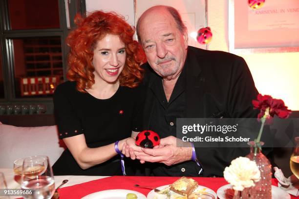 Ralph Siegel and his girlfriend Laura Kaefer during Michael Kaefer's 60th birthday celebration at Postpalast on February 2, 2018 in Munich, Germany.