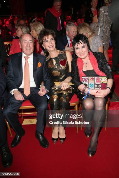 Erwin Mueller and his wife Anita Mueller and Uschi Ackermann during Michael Kaefer's 60th birthday celebration at Postpalast on February 2, 2018 in...