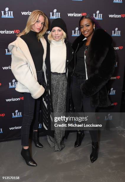 Meredith Mickelson, Skylar Grey and Justine Skye attend the Verizon Up Member's Lounge at Super Bowl LIVE presented by Verizon on February 2, 2018 in...