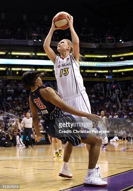 Penny Taylor of the Phoenix Mercury puts up a shot over Tamecka Dixon of the Indiana Fever in Game Two of the 2009 WNBA Finals at US Airways Center...
