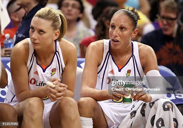 Diana Taurasi and Penny Taylor of the Phoenix Mercury sit on the bench in Game Two of the 2009 WNBA Finals against the Indiana Fever at US Airways...