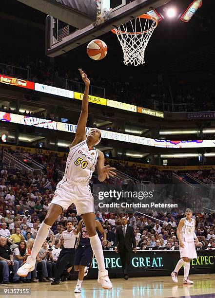 Tangela Smith of the Phoenix Mercury lays up a shot against the Indiana Fever in Game Two of the 2009 WNBA Finals at US Airways Center on October 1,...