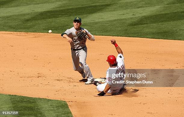 Second baseman Mark Ellis of the Oakland Athletics throws to first to complete a double play after forcing out Kendry Morales of the Los Angeles...