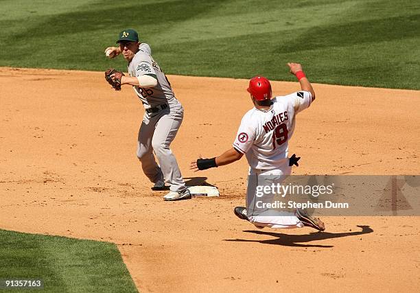 Second baseman Mark Ellis of the Oakland Athletics throws to first to complete a double play after forcing out Kendry Morales of the Los Angeles...