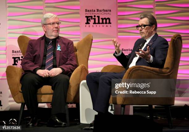 Film critic Leonard Maltin and Gary Oldman speak onstage at the Maltin Modern Master Award Honoring Gary Oldman during the The 33rd Santa Barbara...