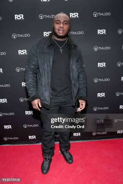 Grady Jarrett arrives at the Thuzio & Rosenhaus Party during Super Bowl weekend at The Exchange & Alibi Lounge on February 2, 2018 in Minneapolis,...