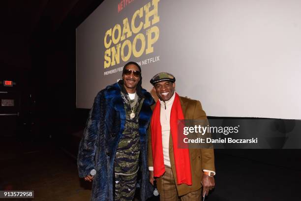 Snoop Dogg and Deion Sanders attend a special screening of Netflix's "Coach Snoop: Season 1" at Saint Anthony Main Theatre on February 2, 2018 in...