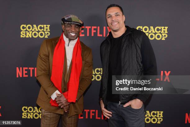 Deion Sanders and Tony Gonzalez attend a special screening of Netflix's "Coach Snoop: Season 1" at Saint Anthony Main Theatre on February 2, 2018 in...