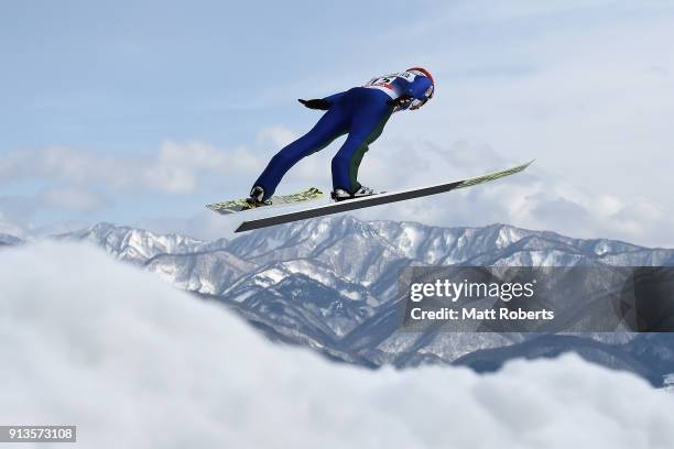 Christian Deuschl of Austria competes in the Individual Gundersen LH/10km during day one of the FIS Nordic Combined World Cup Hakuba on February 3,...