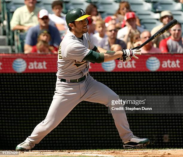 Nomar Garciaparra of the Oakland Athletics bats against the Los Angeles Angels of Anaheim on September 27, 2009 at Angel Stadium in Anaheim,...