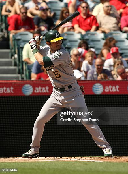 Nomar Garciaparra of the Oakland Athletics bats against the Los Angeles Angels of Anaheim on September 27, 2009 at Angel Stadium in Anaheim,...