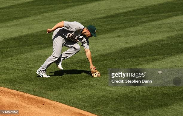 Second baseman Mark Ellis of the Oakland Athletics can't reach a ground ball against the Los Angeles Angels of Anaheim on September 27, 2009 at Angel...