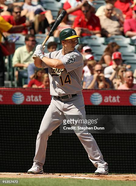Mark Ellis of the Oakland Athletics bats against the Los Angeles Angels of Anaheim on September 27, 2009 at Angel Stadium in Anaheim, California. The...