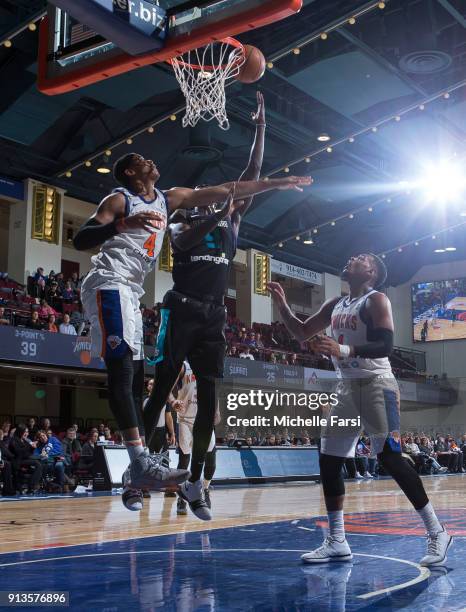 Mangok Mathiang of the Greensboro Swarm shoots the ball against the Westchester Knicks on February 2, 2018 at Westcester County Center in White...