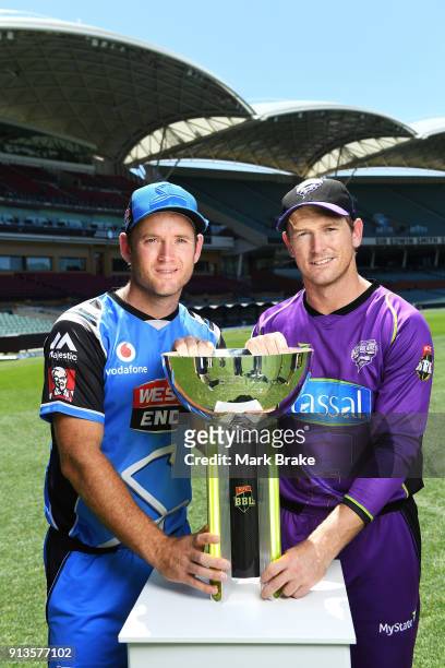 Colin Ingram captain of the Adelaide Strikers and George Bailey captain of the Hobart Hurricanes with BBL cup during the Big Bash League Final media...