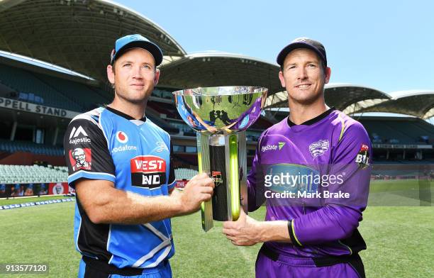 Colin Ingram captain of the Adelaide Strikers and George Bailey captain of the Hobart Hurricanes with BBL cup during the Big Bash League Final media...