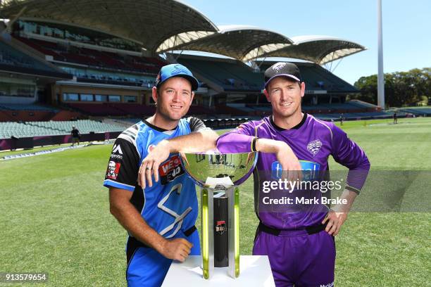 Colin Ingram captain of the Adelaide Strikers and Cameron White captain of the Melbourne Renegades with BBL cup during the Big Bash League Final...