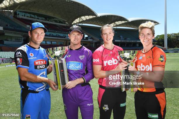 Colin Ingram captain of the Adelaide Strikers,George Bailey captain of the Melbourne Renegades ,Ellyse Perry captain of the Sydney Sixers and Elyse...
