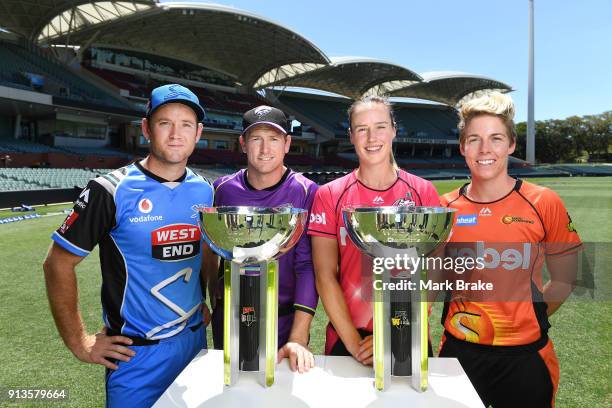 Colin Ingram captain of the Adelaide Strikers,George Bailey captain of the Melbourne Renegades ,Ellyse Perry captain of the Sydney Sixers and Elyse...