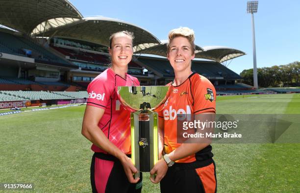 Ellyse Perry captain of the Sydney Sixers and Elyse Villani captain of the Perth Scorchers with WBBL Cup during the Big Bash League Final media...