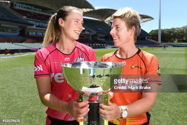 Ellyse Perry captain of the Sydney Sixers and Elyse Villani captain of the Perth Scorchers with WBBL Cup during the Big Bash League Final media...