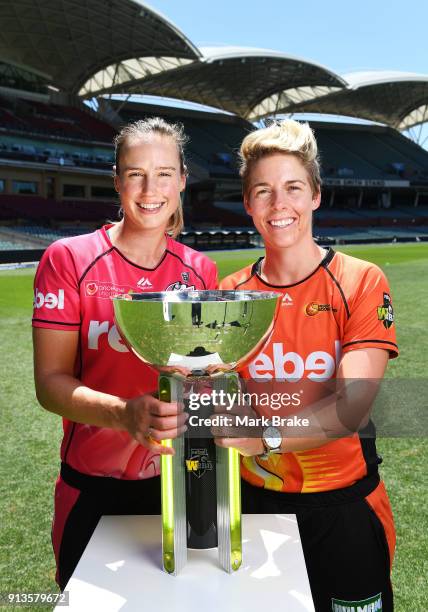 Ellyse Perry captain of the Sydney Sixers and Elyse Villani captain of the Perth Scorchers with WBBL Cup during the Big Bash League Final media...