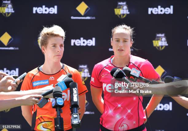 Elyse Villani captain of the Perth Scorchers and Ellyse Perry captain of the Sydney Sixers speak to media during the Big Bash League Final media...
