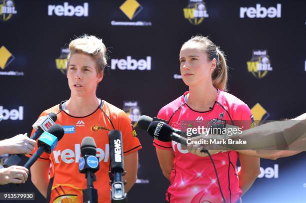 Elyse Villani captain of the Perth Scorchers and Ellyse Perry captain of the Sydney Sixers speak to media during the Big Bash League Final media...