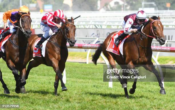 John Allen riding Cliff's Edge wins Race 8, Manfred Stakes during Melbourne Racing at Caulfield Racecourse on February 3, 2018 in Melbourne,...