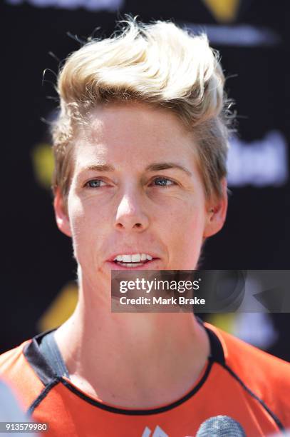 Elyse Villani captain of the Perth Scorchers speaks to media during the Big Bash League Final media opportunity at Adelaide Oval on February 3, 2018...